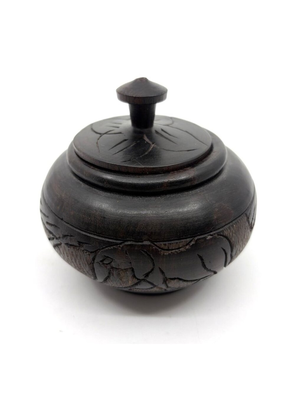 Vintage Hand Carved Wood Elephant Covered Bowl Jar Studio Craft Decor 5" Vtg